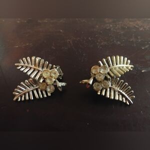 Vintage Silver Fern Leaf Earrings Clear Rhinestone Berries Clip On MCM Retro